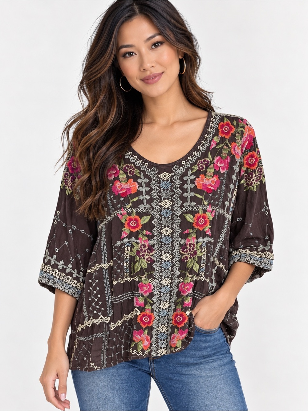 Johnny Was Carnation brown Blouse pink red floral embroidery blue oversize SMALL